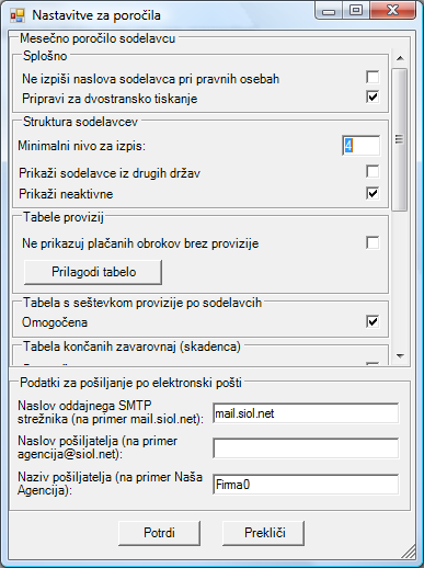 nastavitve za poroila