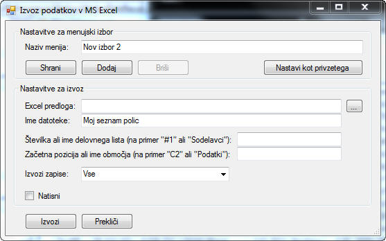 Izvoz prilagojenega poročila v MS Excel
