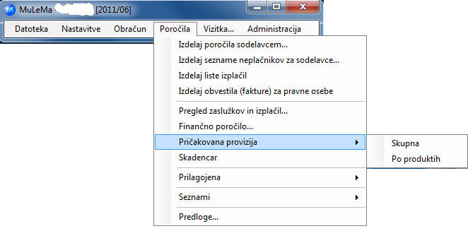 Pričakovana provizija - gavni meni