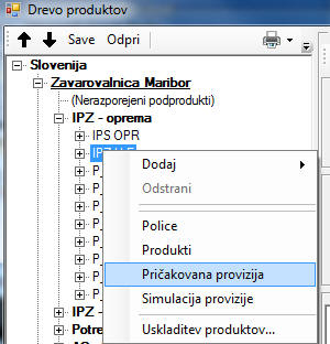 Pričakovana provizija - drevo produktov