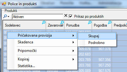 Pričakovana provizija - seznam polic
