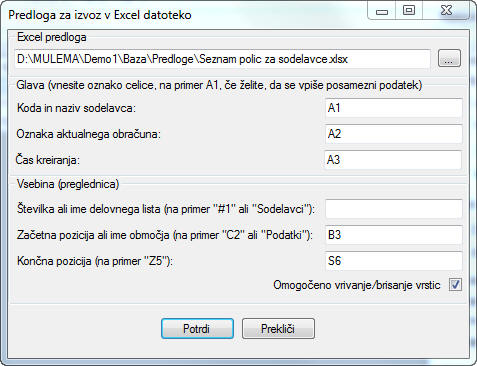Nastavitve izvoza za sodelavce v .XLS format