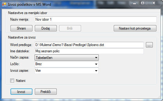 Izvoz prilagojenega poročila v MS Word format