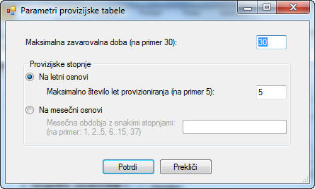 Vnos osnovnih parametrov provizijske tabele