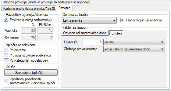 Parametri za izračun provizije sodelavcem in agenciji