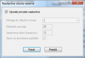 Nastavitve storno rezerve