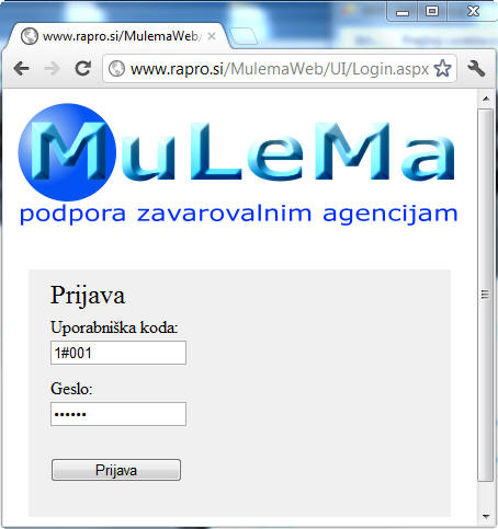 Prijava v spletno aplikacijo